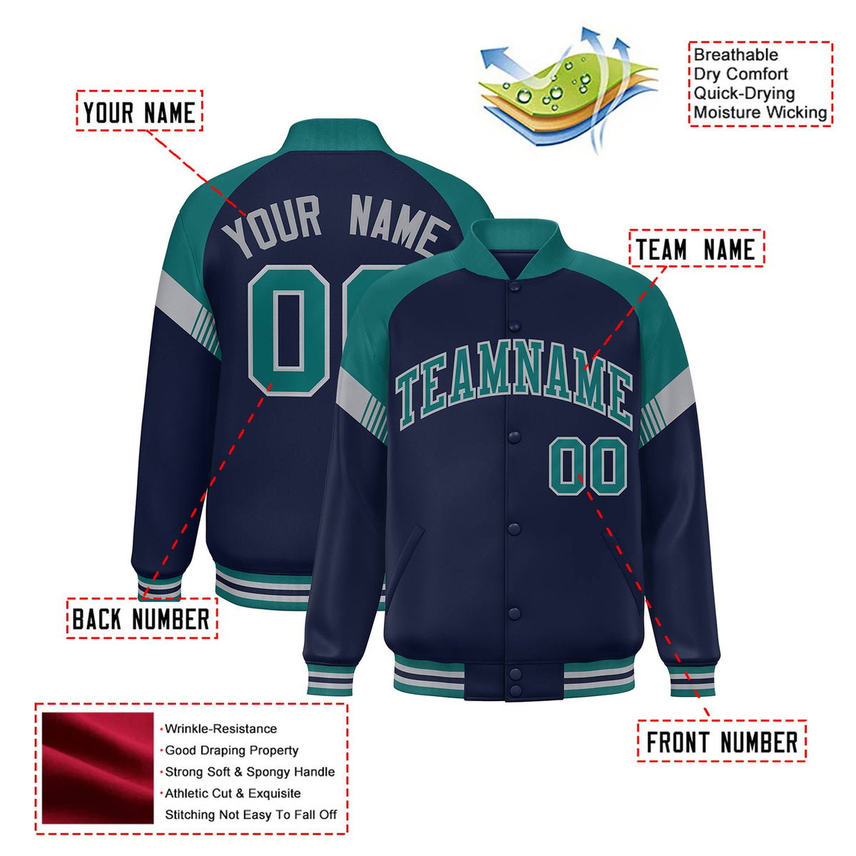 Custom Navy Aqua-White Varsity Full-Snap Color Block Letterman Jacket