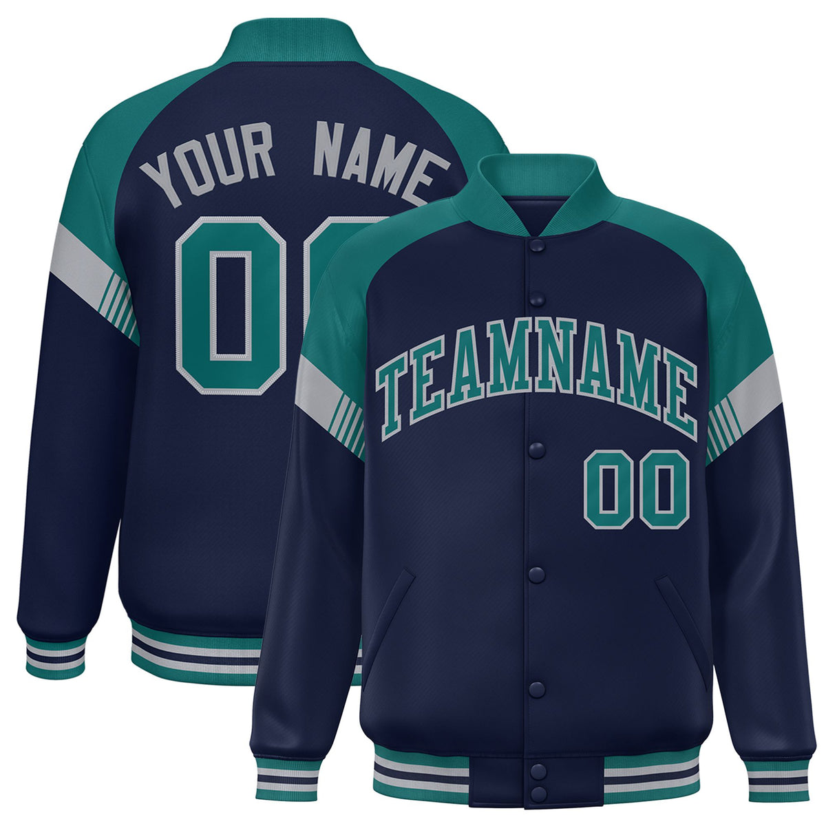 Custom Navy Aqua-White Varsity Full-Snap Color Block Letterman Jacket