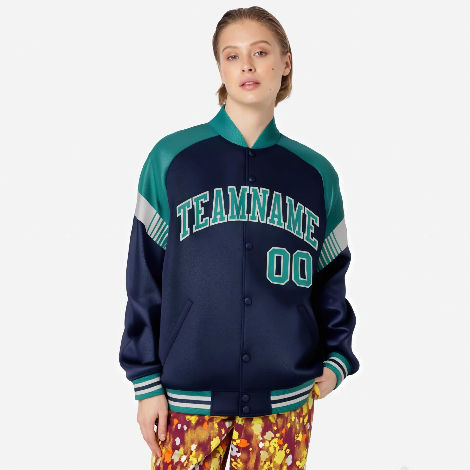 Custom Navy Aqua-White Varsity Full-Snap Color Block Letterman Jacket