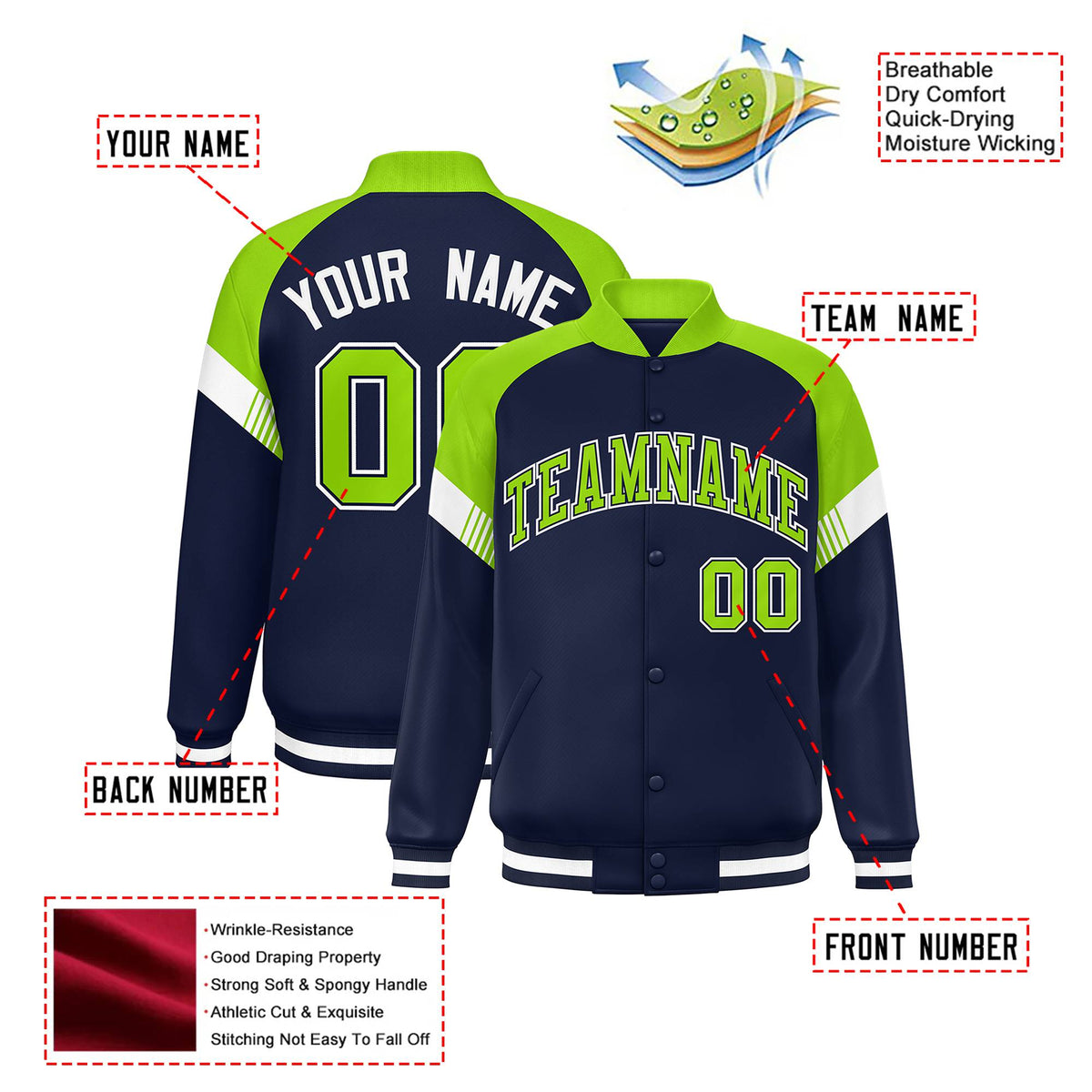 Custom Navy Neon Green-White Varsity Full-Snap Color Block Letterman Jacket