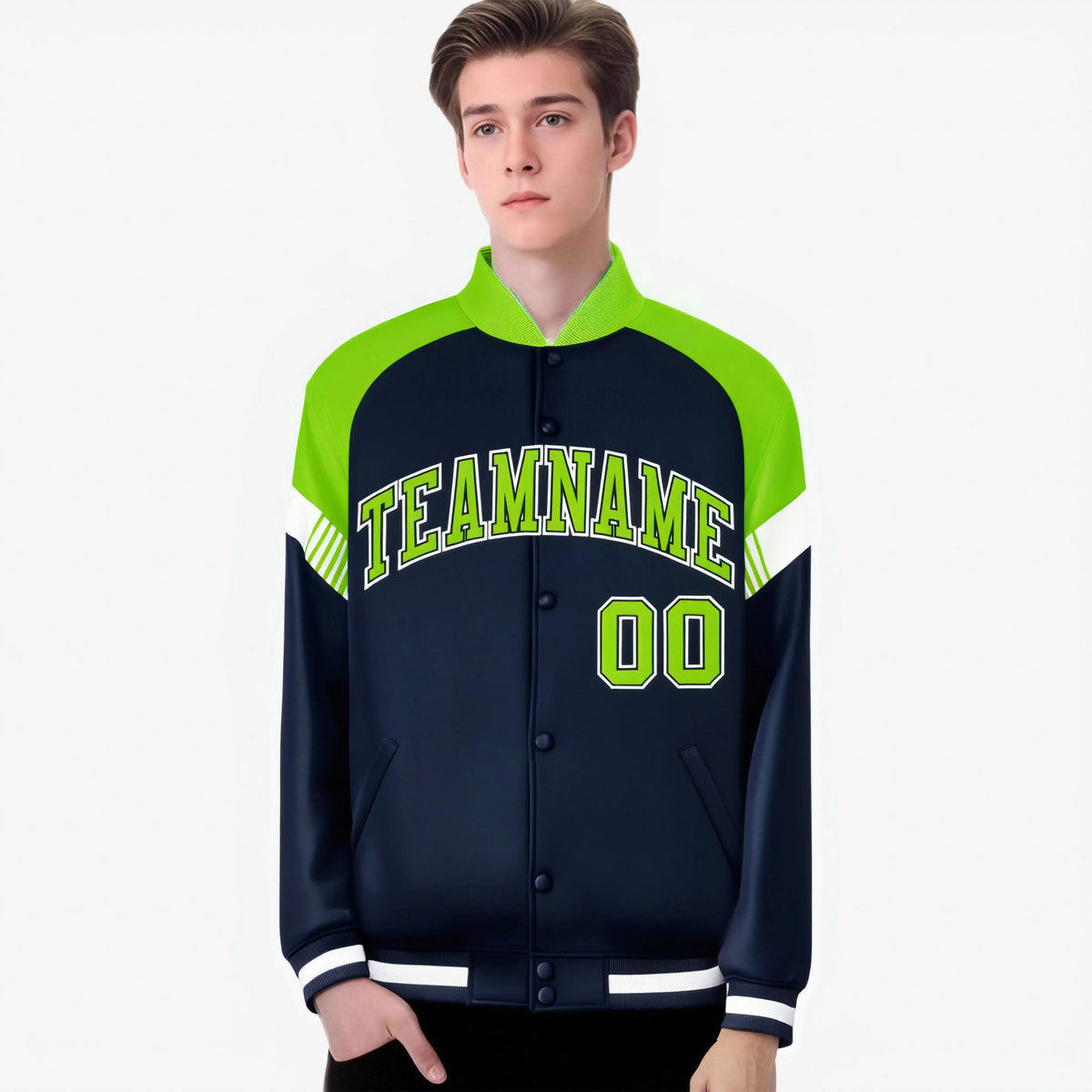 Custom Navy Neon Green-White Varsity Full-Snap Color Block Letterman Jacket