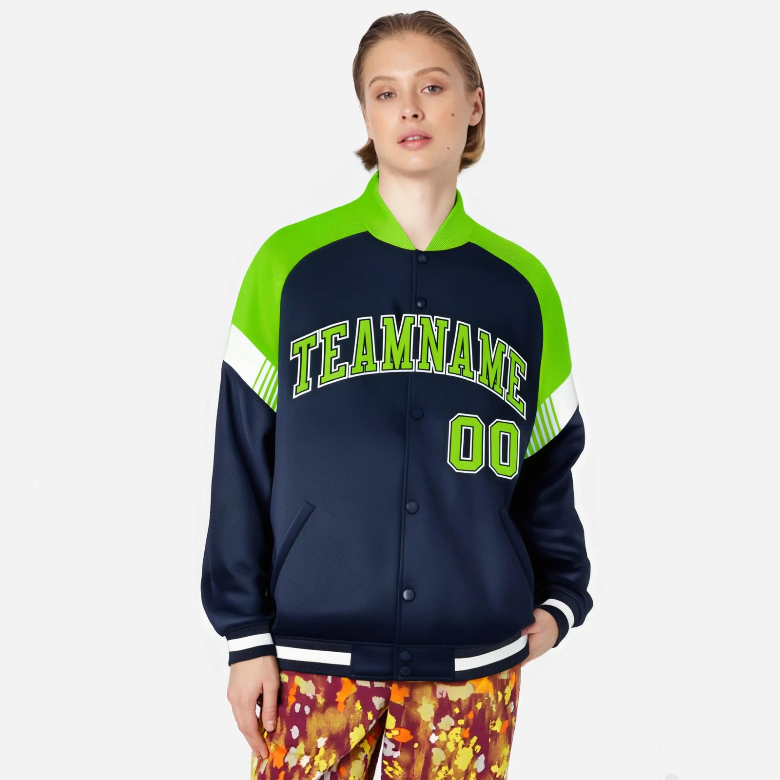 Custom Navy Neon Green-White Varsity Full-Snap Color Block Letterman Jacket