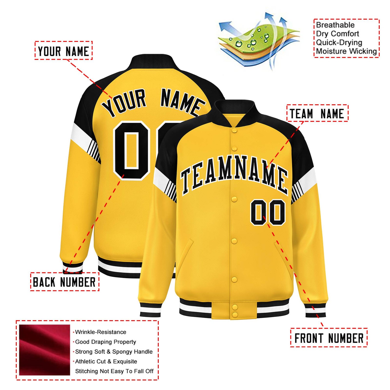 Custom Gold Black-White Varsity Full-Snap Color Block Letterman Jacket
