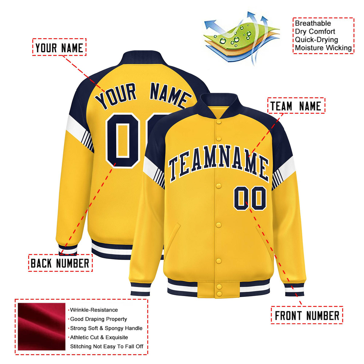 Custom Gold Navy-White Varsity Full-Snap Color Block Letterman Jacket
