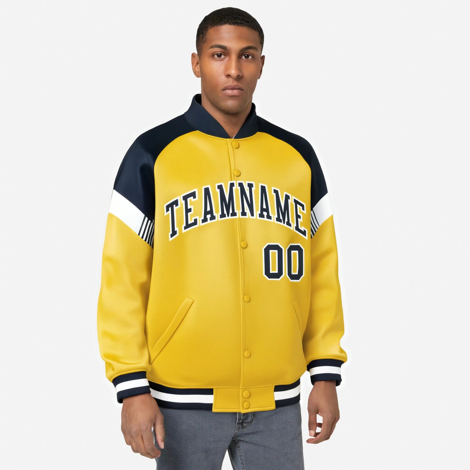 Custom Gold Navy-White Varsity Full-Snap Color Block Letterman Jacket