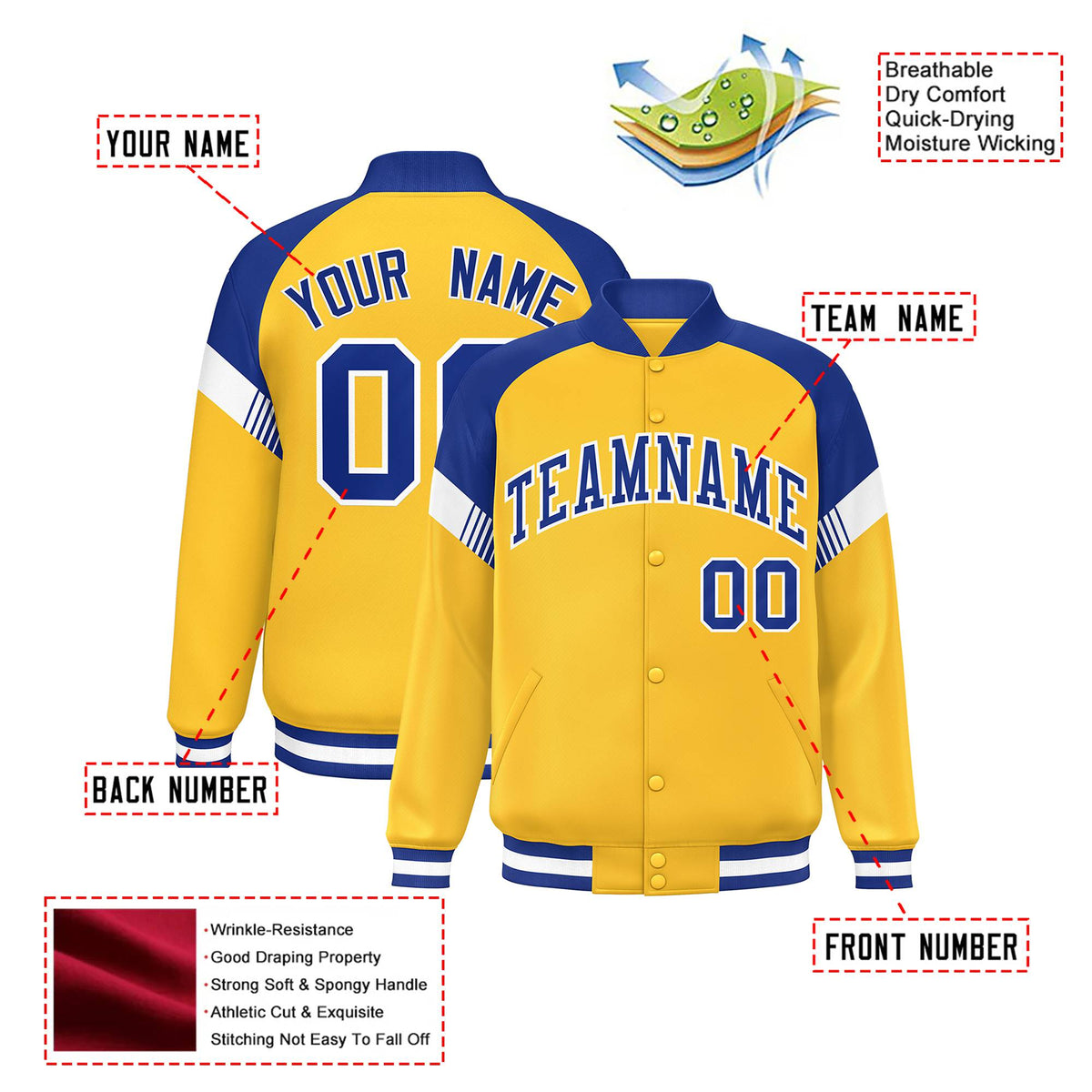 Custom Gold Royal Blue-White Varsity Full-Snap Color Block Letterman Jacket