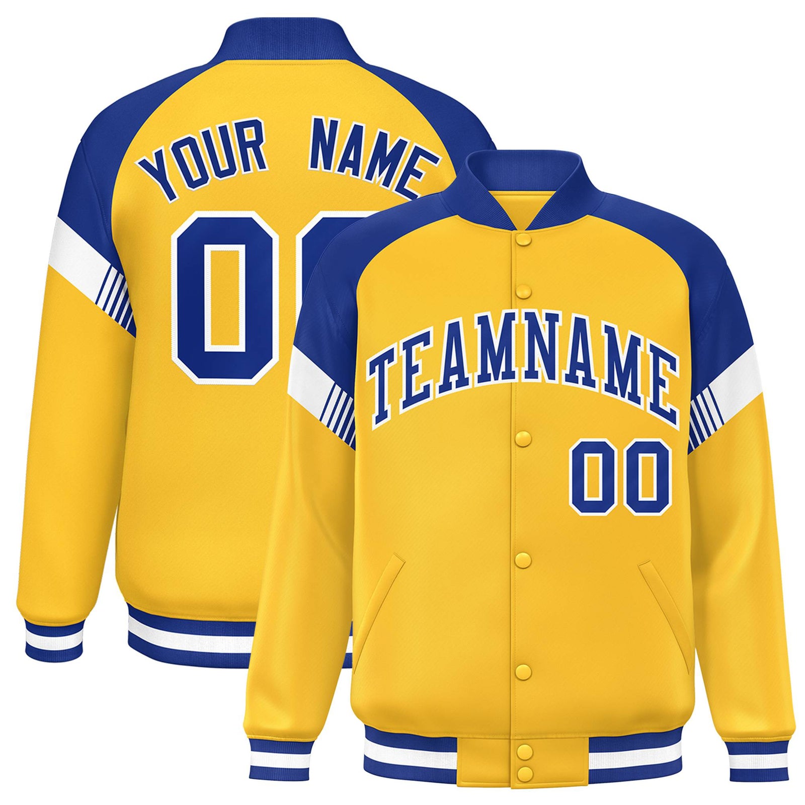 Custom Gold Royal Blue-White Varsity Full-Snap Color Block Letterman Jacket