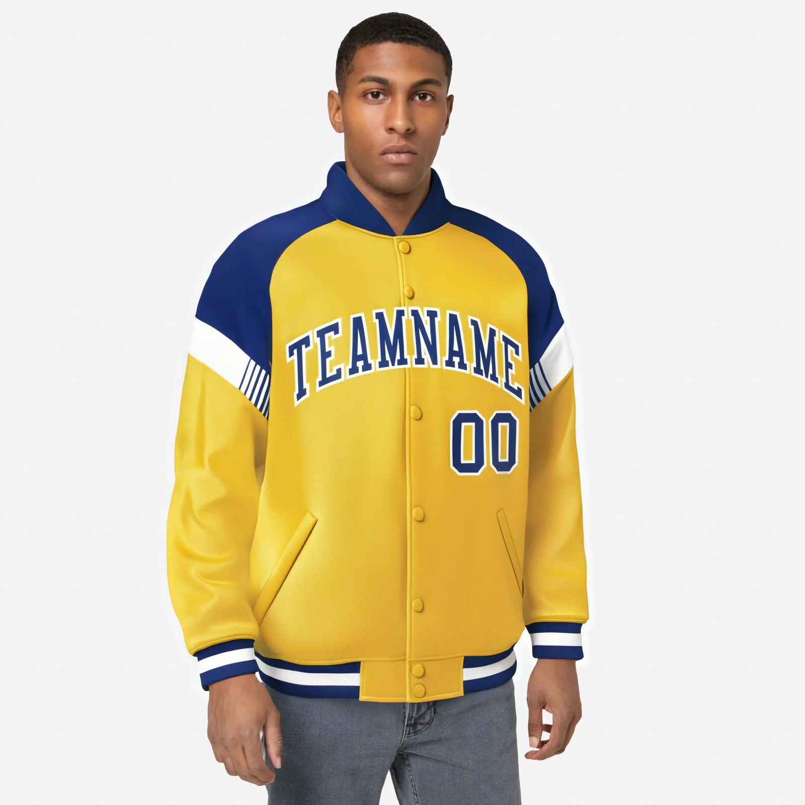 Custom Gold Royal Blue-White Varsity Full-Snap Color Block Letterman Jacket