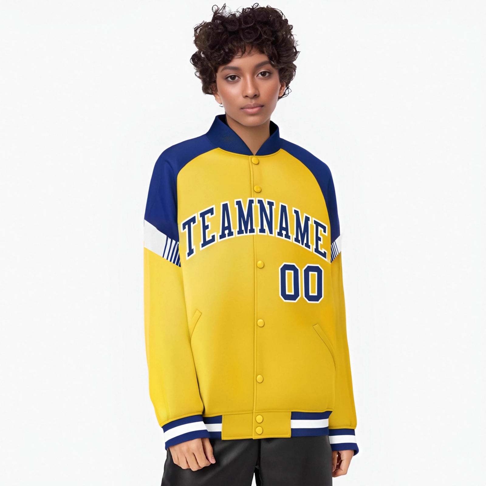 Custom Gold Royal Blue-White Varsity Full-Snap Color Block Letterman Jacket