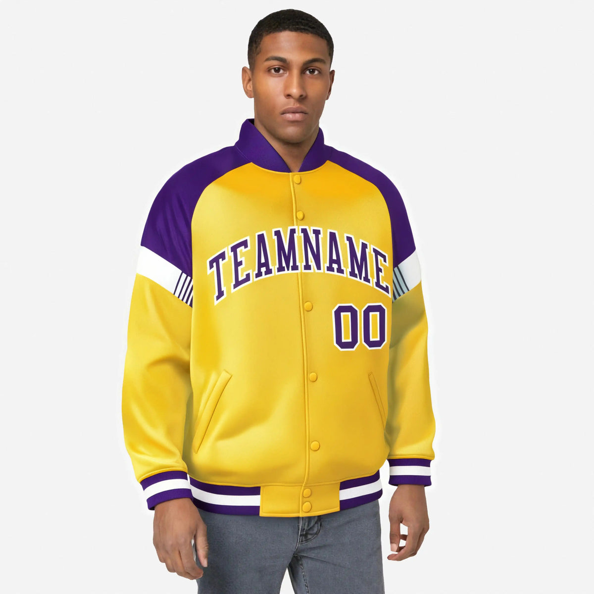 Custom Gold Purple-White Varsity Full-Snap Color Block Letterman Jacket