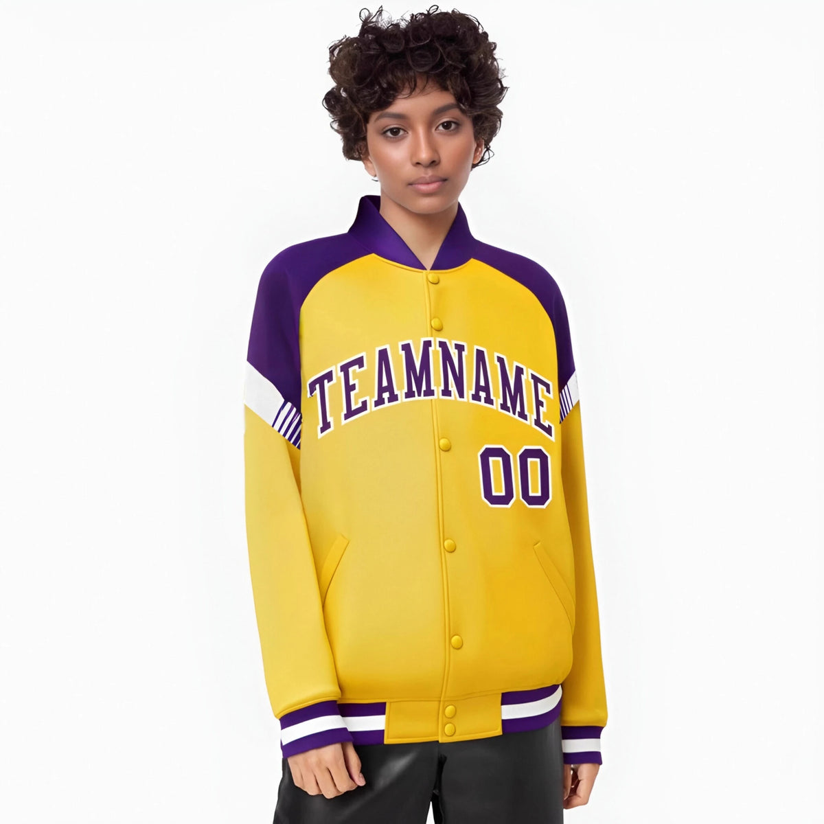 Custom Gold Purple-White Varsity Full-Snap Color Block Letterman Jacket