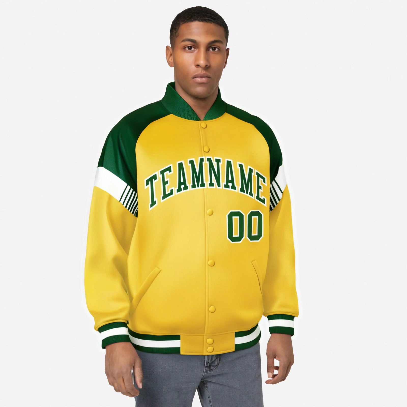 Custom Gold Green-White Varsity Full-Snap Color Block Letterman Jacket