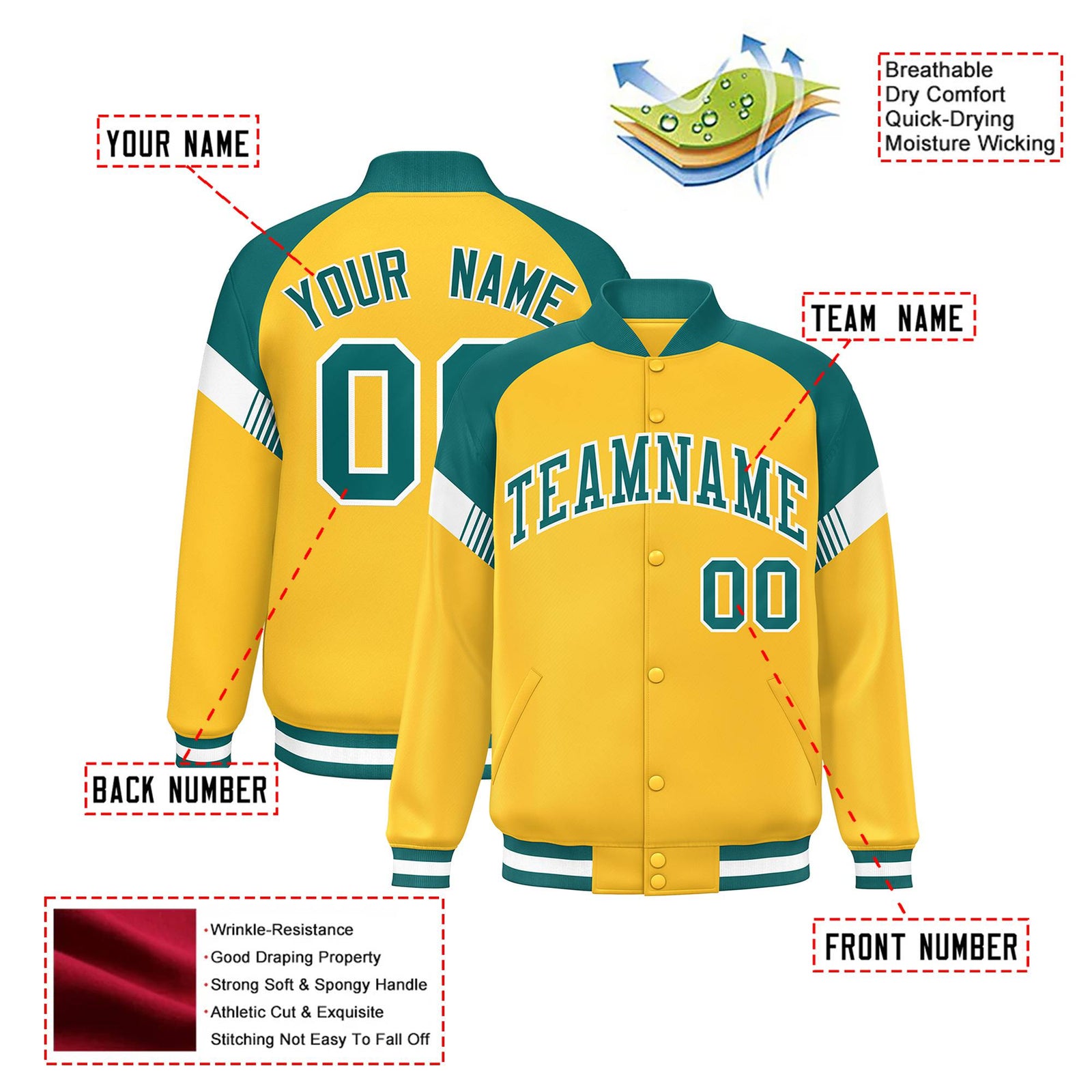 Custom Gold Aqua-White Varsity Full-Snap Color Block Letterman Jacket