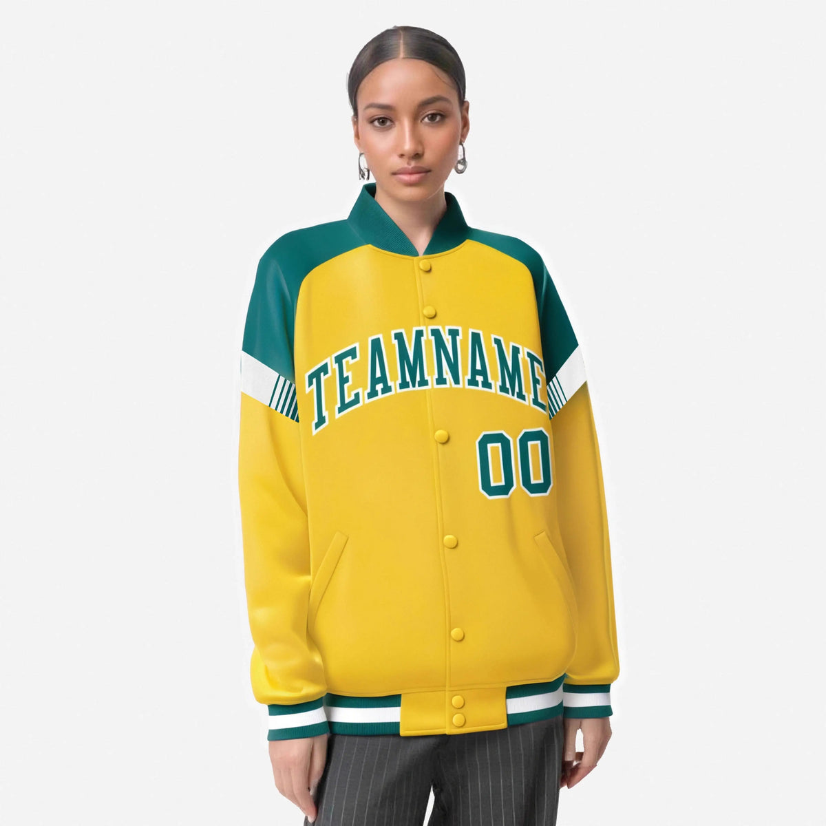 Custom Gold Aqua-White Varsity Full-Snap Color Block Letterman Jacket