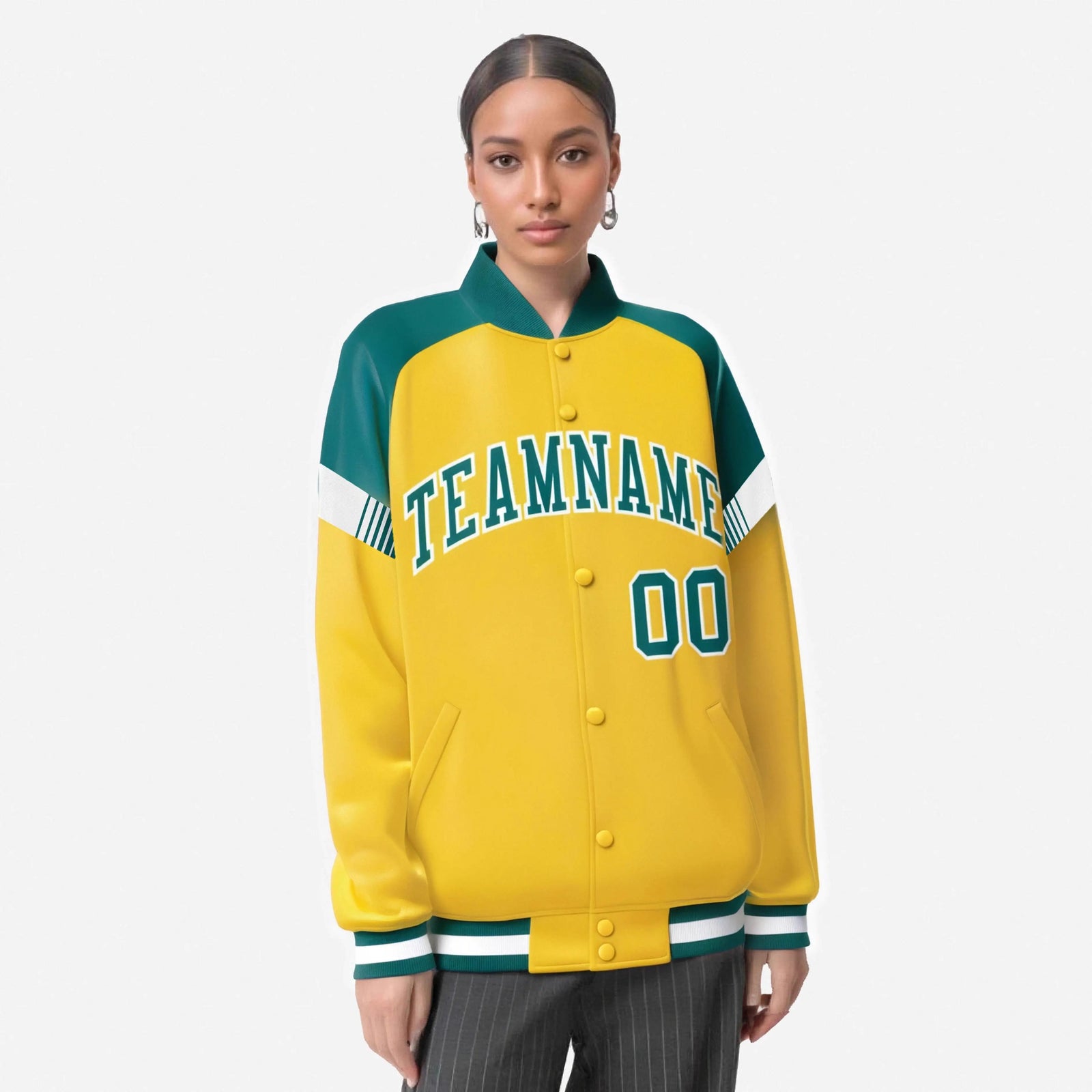 Custom Gold Aqua-White Varsity Full-Snap Color Block Letterman Jacket