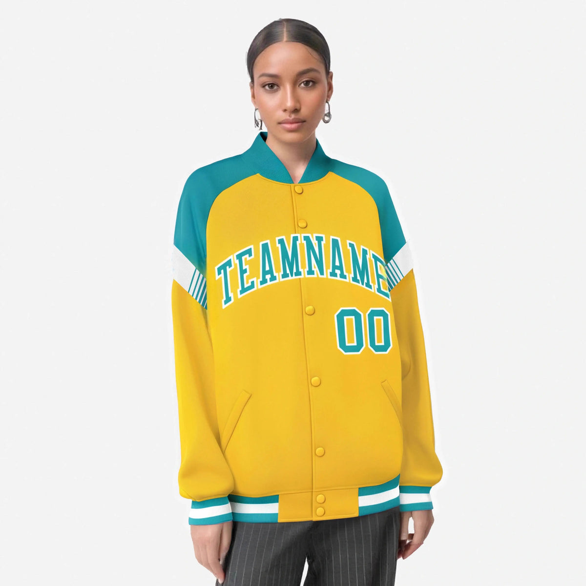 Custom Gold Aqua-White Varsity Full-Snap Color Block Letterman Jacket