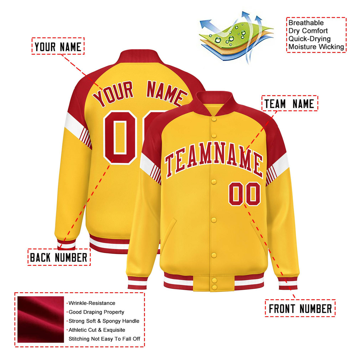 Custom Gold Red-White Varsity Full-Snap Color Block Letterman Jacket