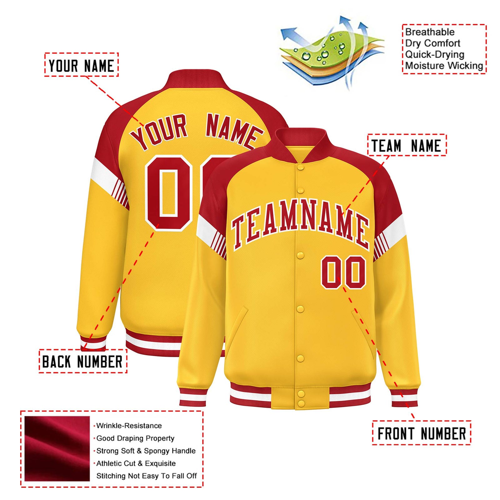 Custom Gold Red-White Varsity Full-Snap Color Block Letterman Jacket