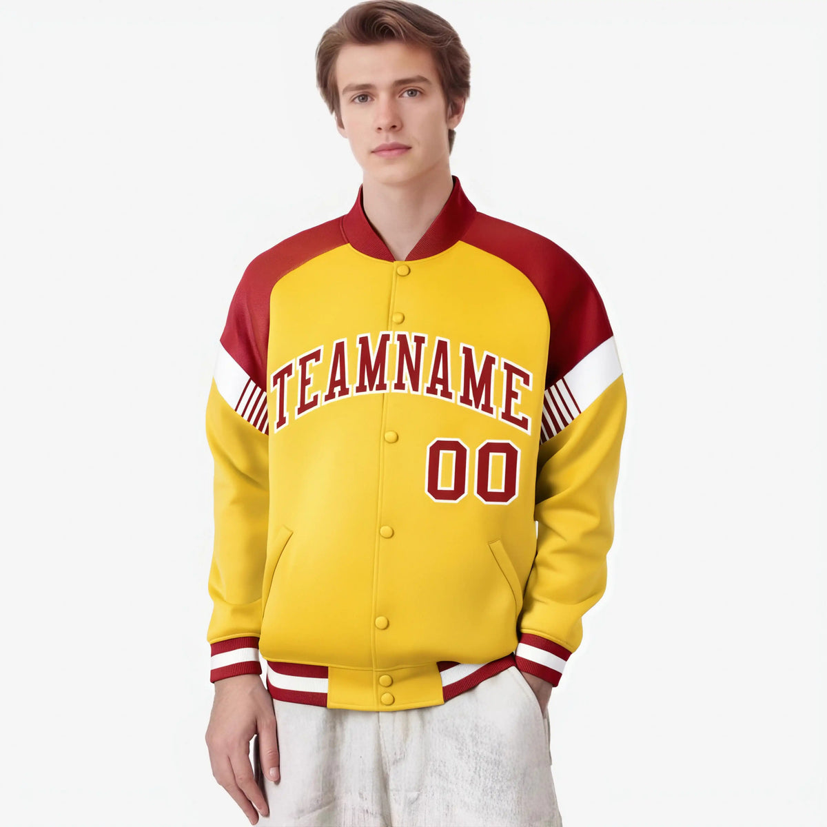 Custom Gold Red-White Varsity Full-Snap Color Block Letterman Jacket