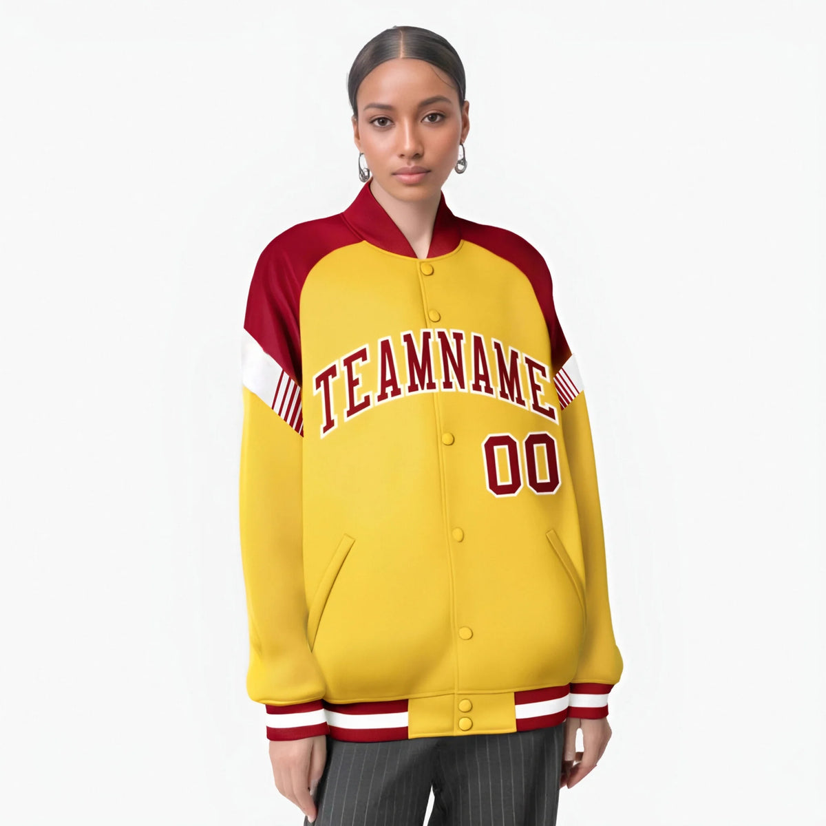 Custom Gold Red-White Varsity Full-Snap Color Block Letterman Jacket
