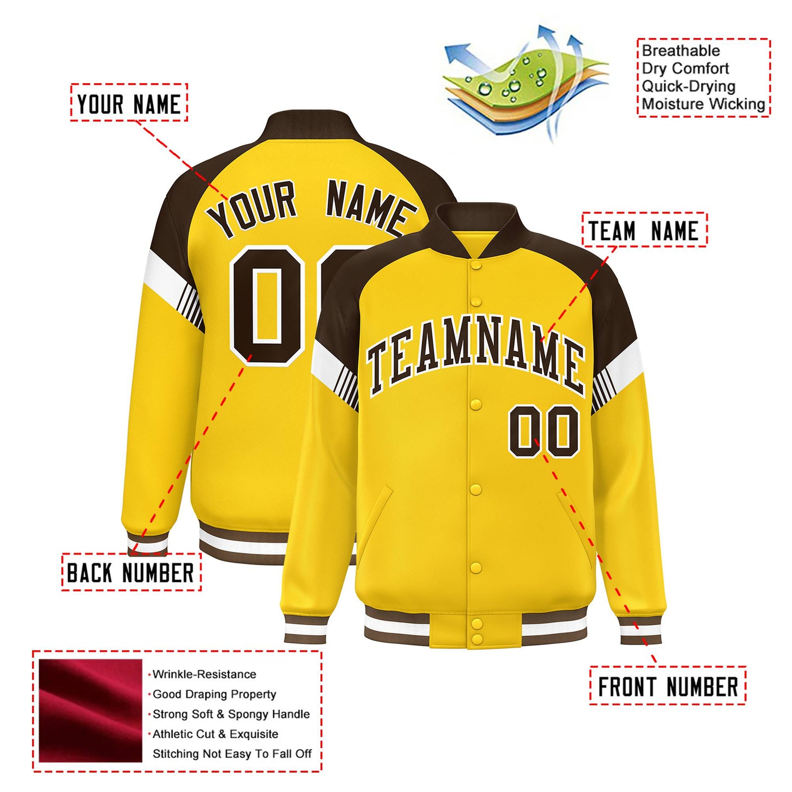 Custom Gold Brown-White Varsity Full-Snap Color Block Letterman Jacket
