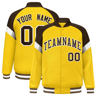 Chaqueta universitaria personalizada con diseño de letras, color block, dorada, marrón y blanca