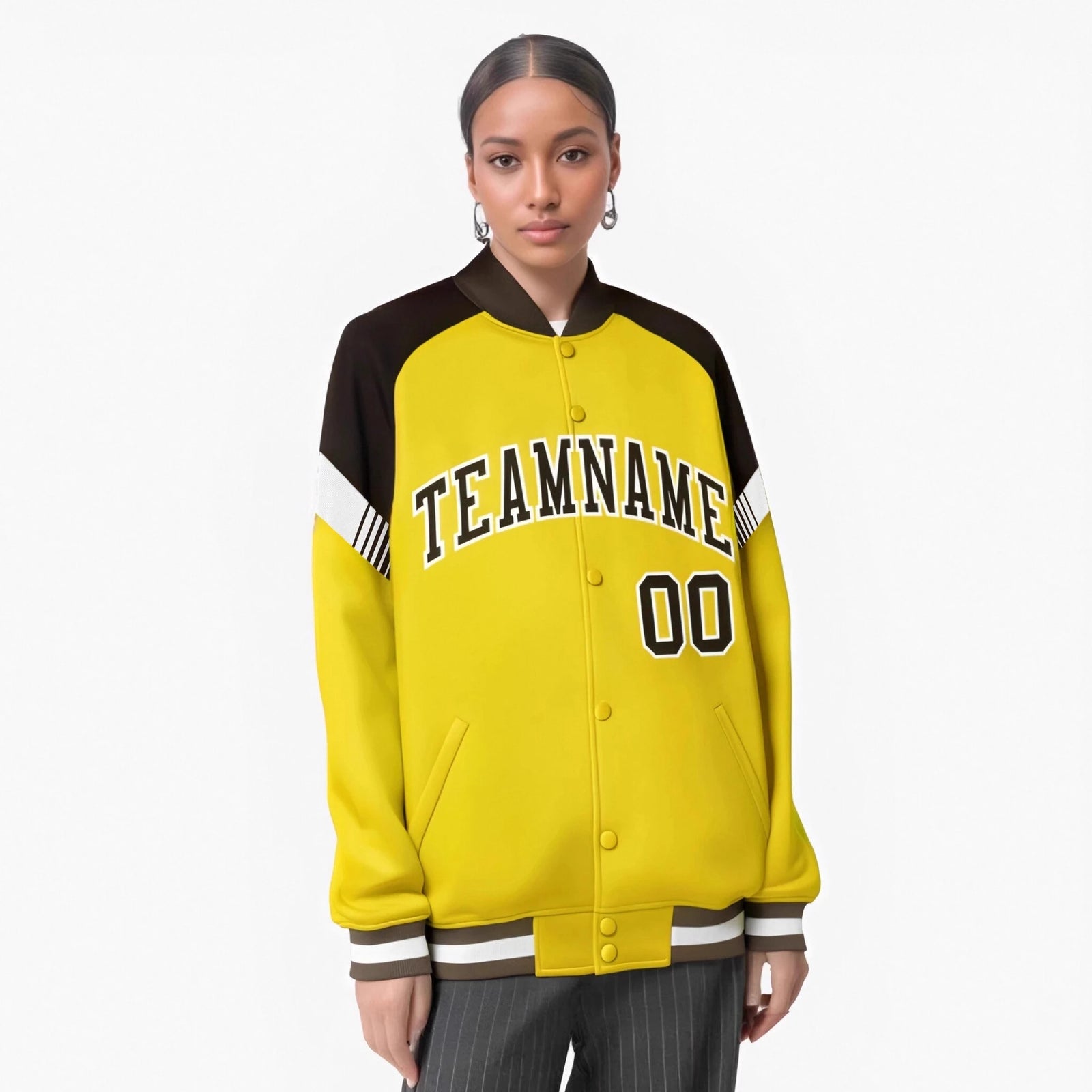 Custom Gold Brown-White Varsity Full-Snap Color Block Letterman Jacket