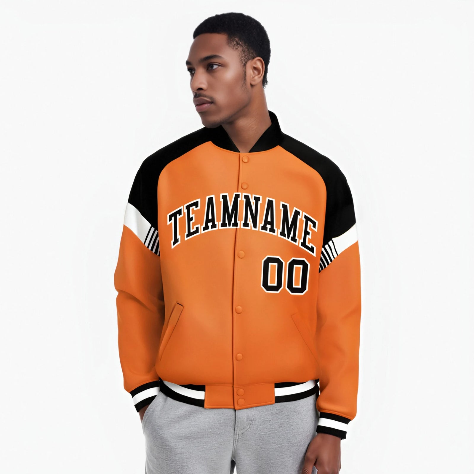 Custom Orange Black-White Varsity Full-Snap Color Block Letterman Jacket