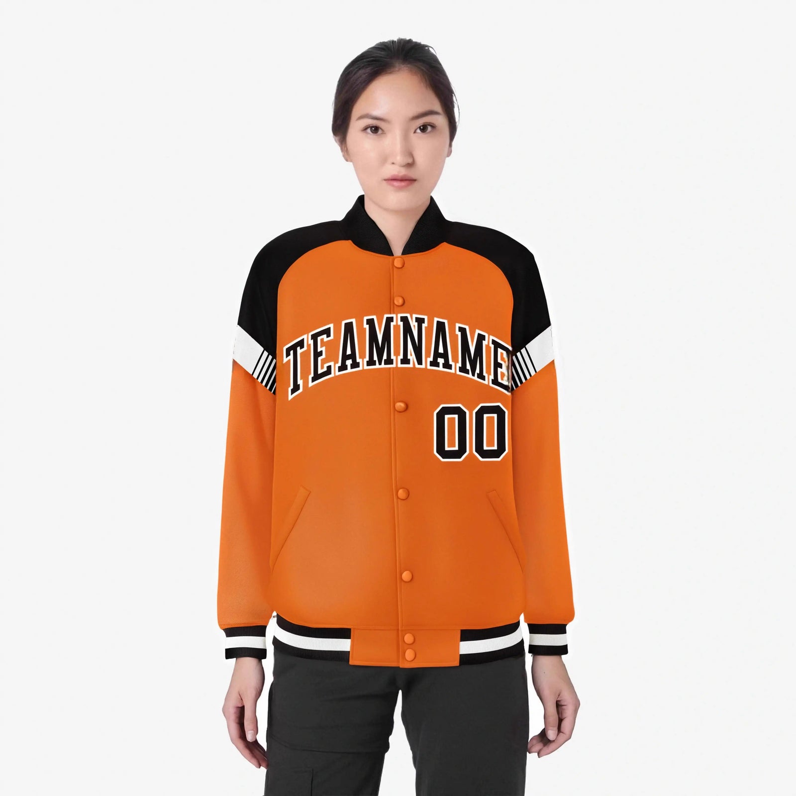 Custom Orange Black-White Varsity Full-Snap Color Block Letterman Jacket