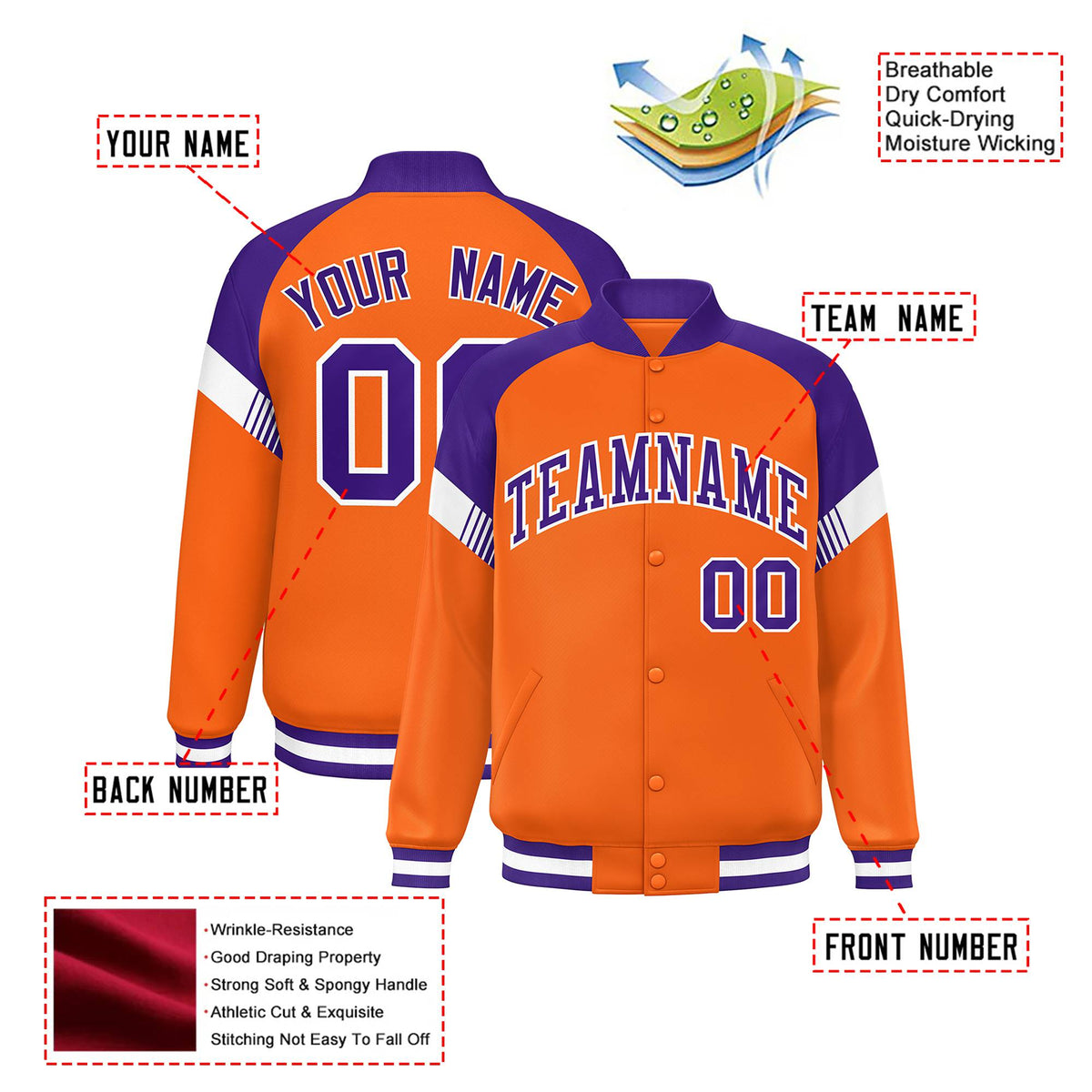 Custom Orange Purple-White Varsity Full-Snap Color Block Letterman Jacket