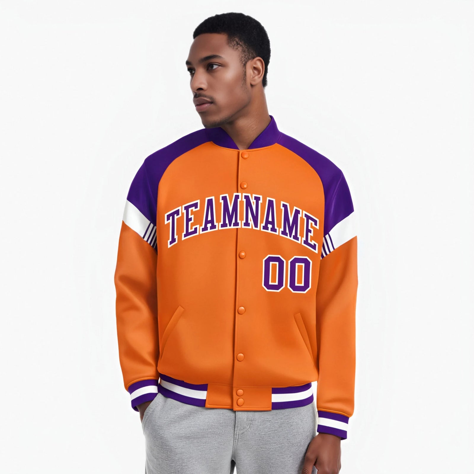 Custom Orange Purple-White Varsity Full-Snap Color Block Letterman Jacket