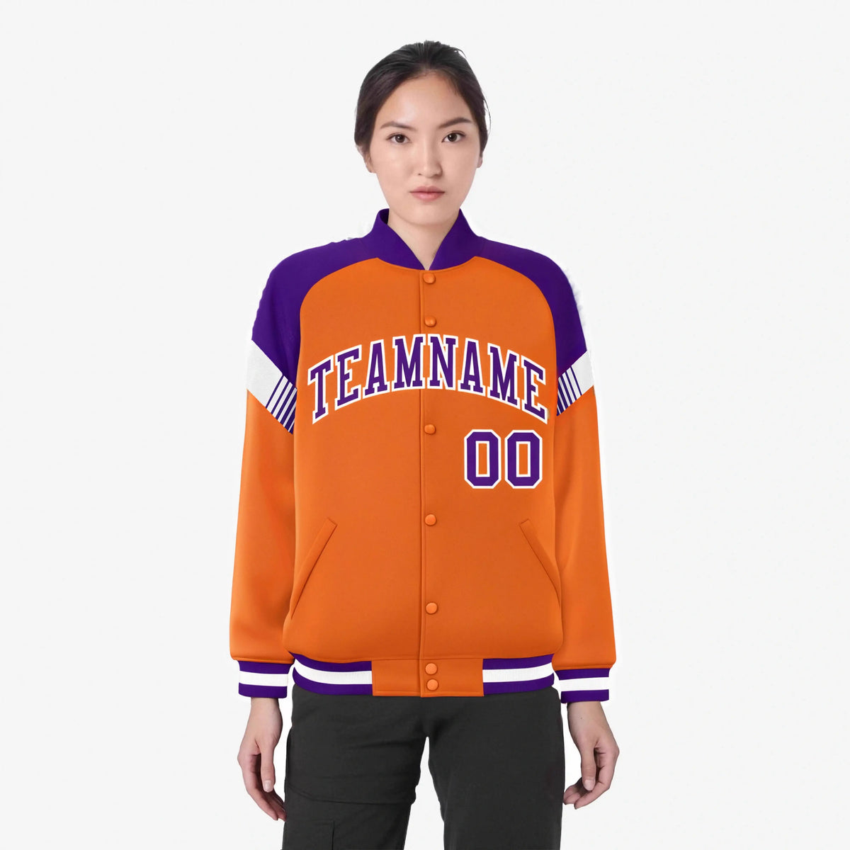 Custom Orange Purple-White Varsity Full-Snap Color Block Letterman Jacket