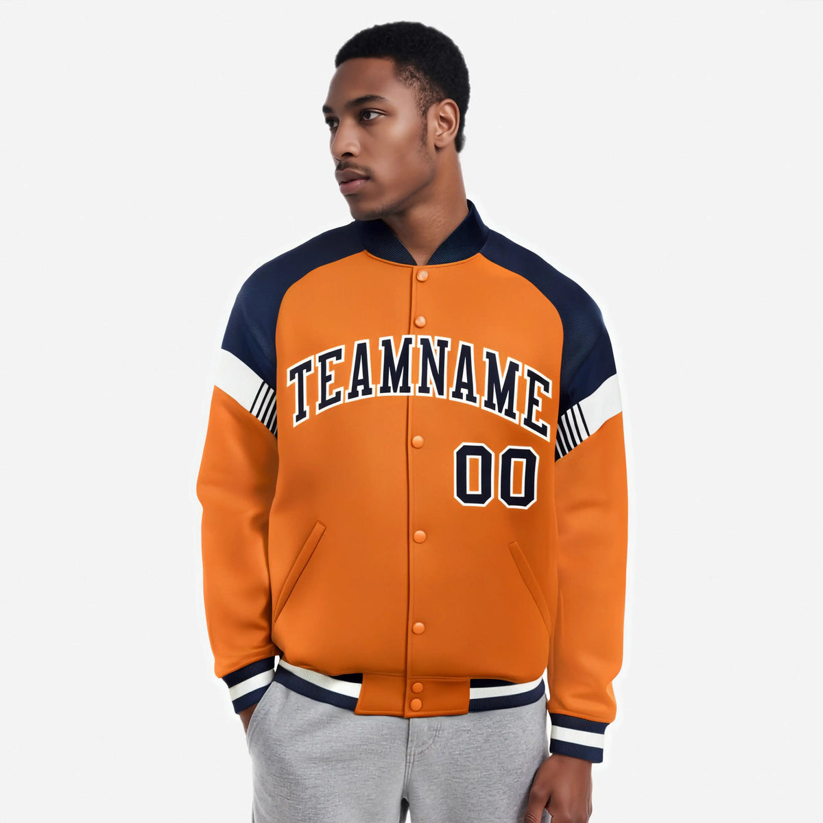 Custom Orange Navy-White Varsity Full-Snap Color Block Letterman Jacket
