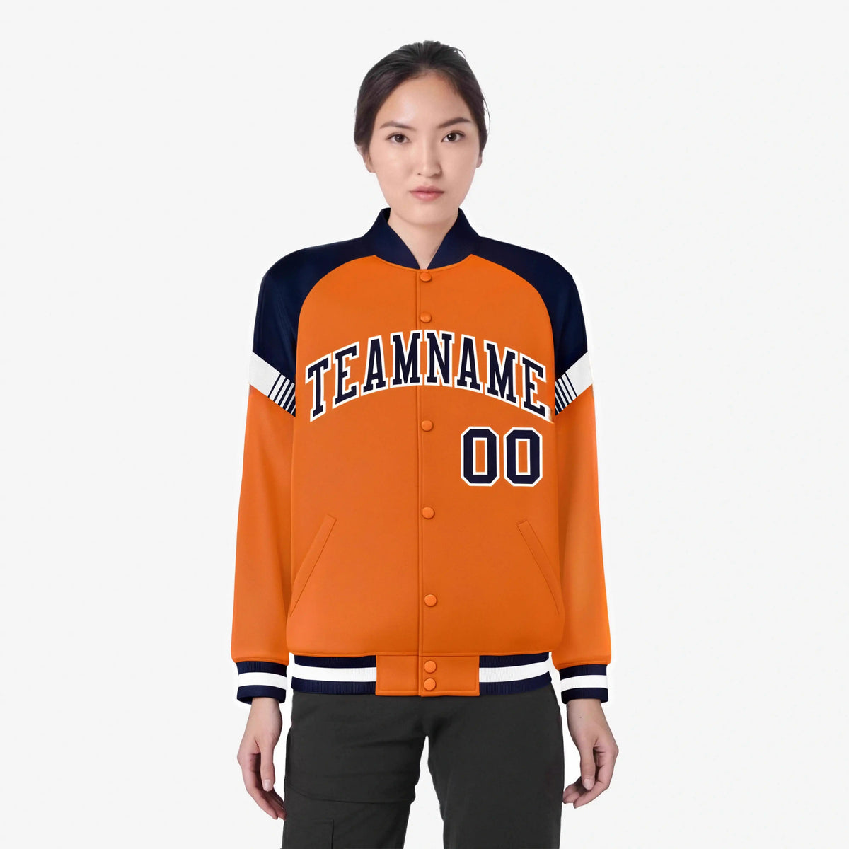 Custom Orange Navy-White Varsity Full-Snap Color Block Letterman Jacket