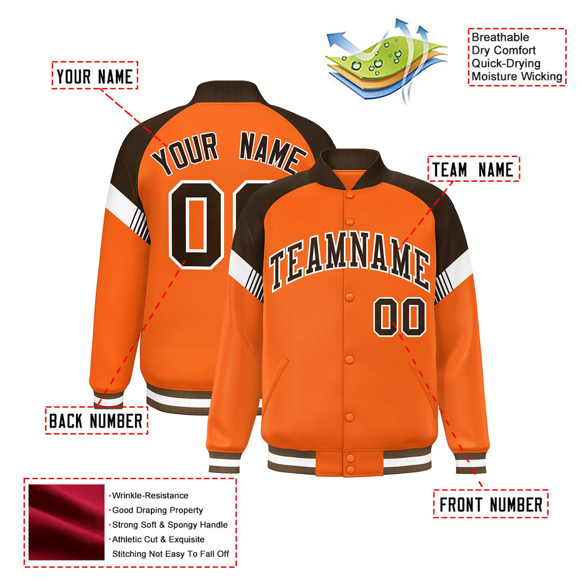 Custom Orange Brown-White Varsity Full-Snap Color Block Letterman Jacket