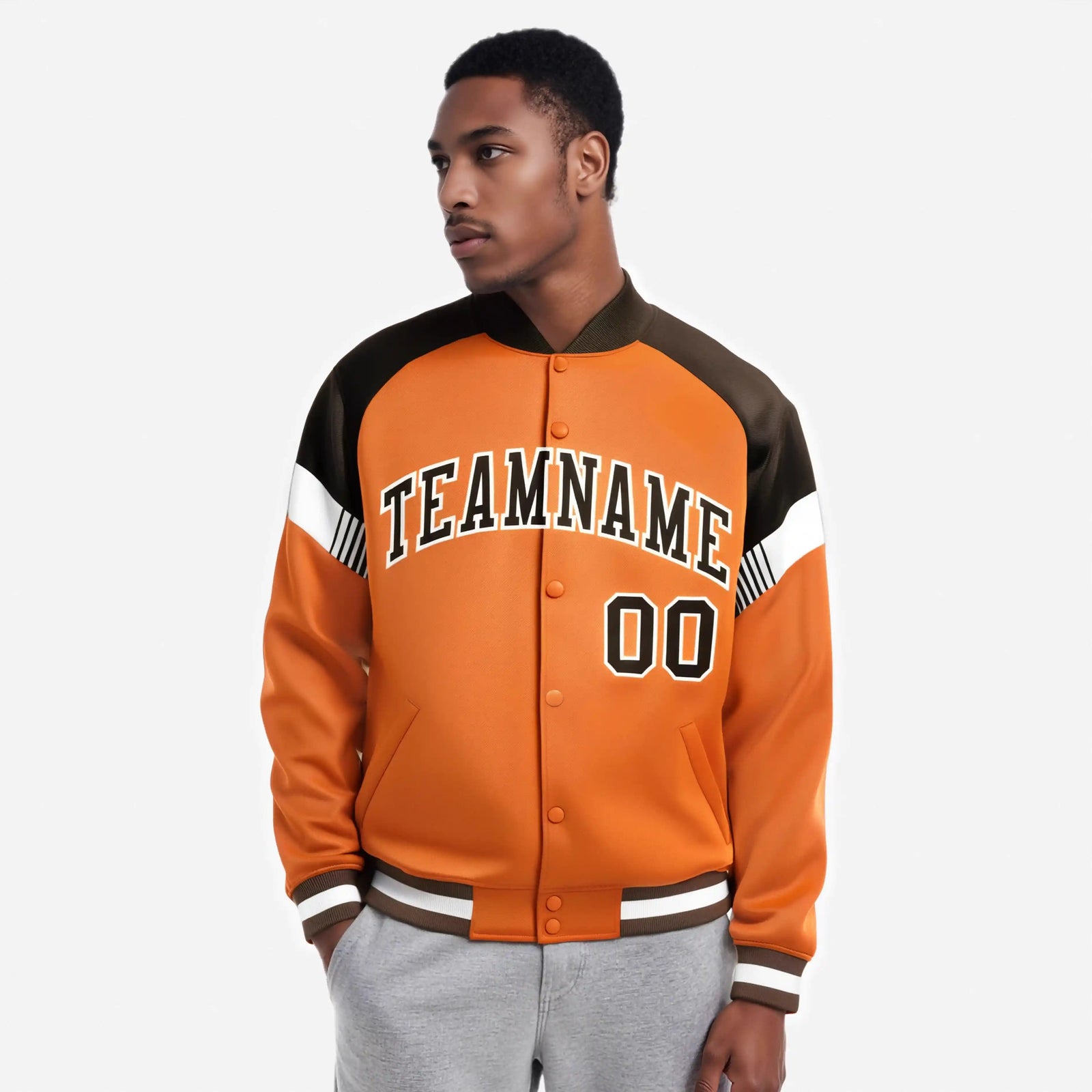 Custom Orange Brown-White Varsity Full-Snap Color Block Letterman Jacket
