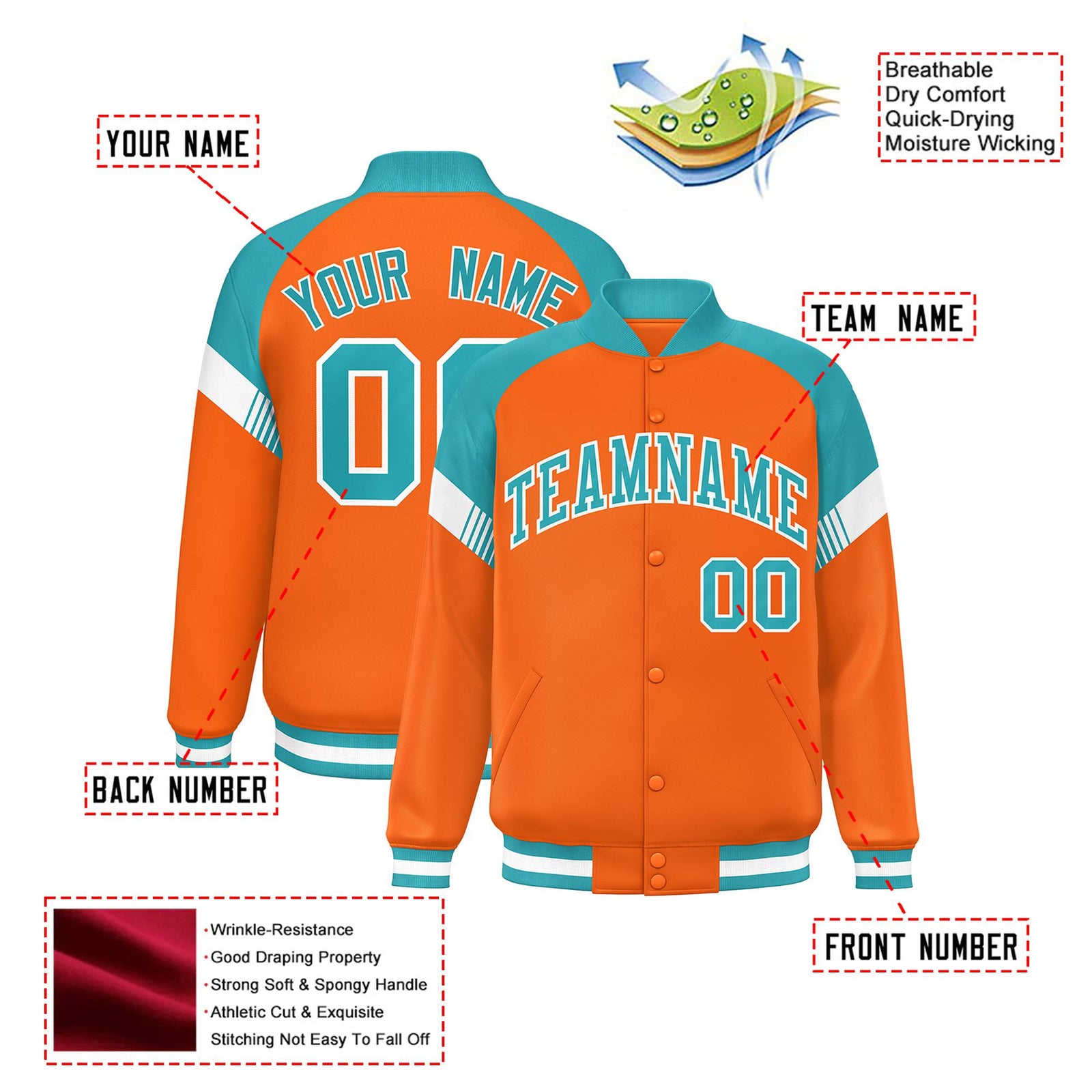 Custom Orange Aqua-White Varsity Full-Snap Color Block Letterman Jacket