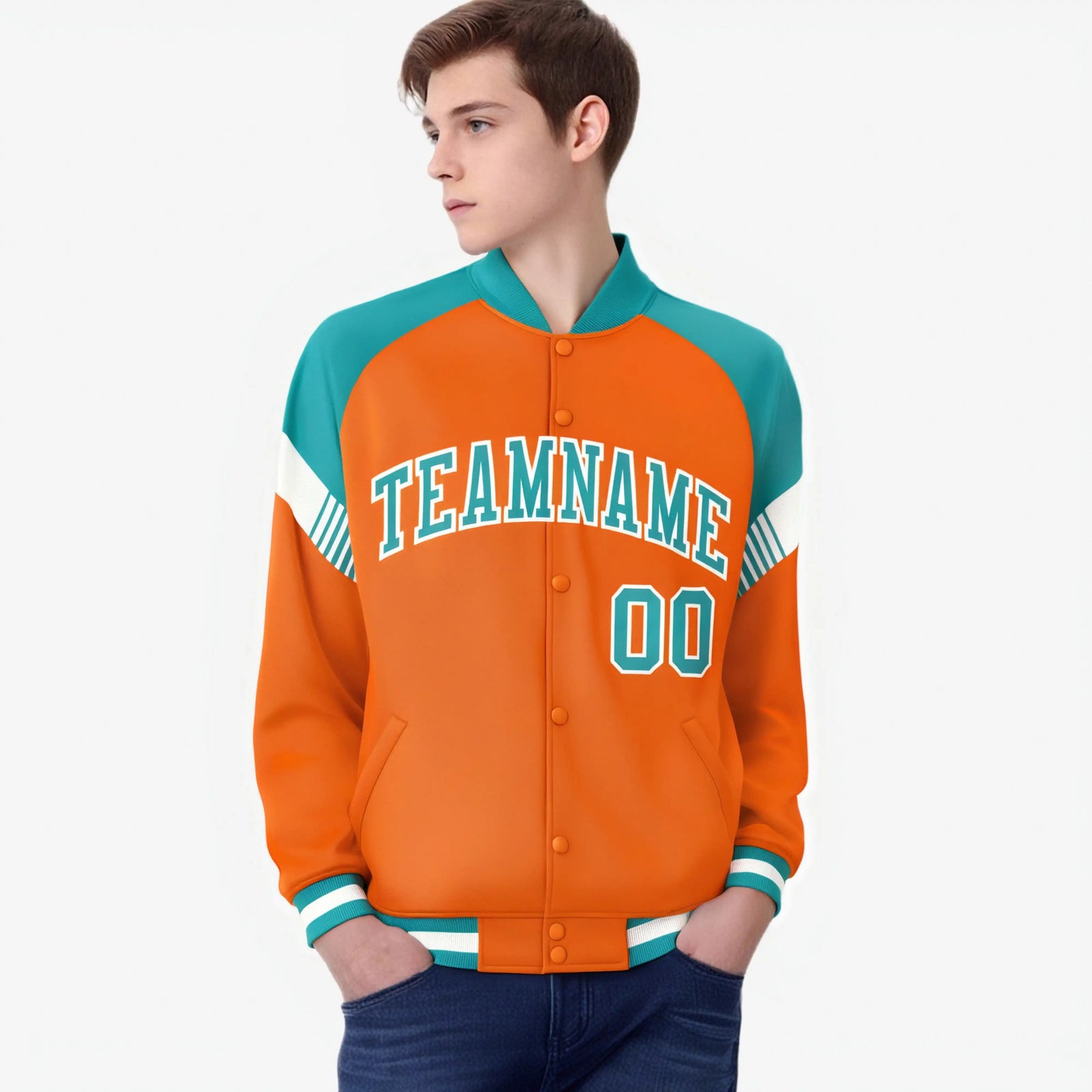 Custom Orange Aqua-White Varsity Full-Snap Color Block Letterman Jacket