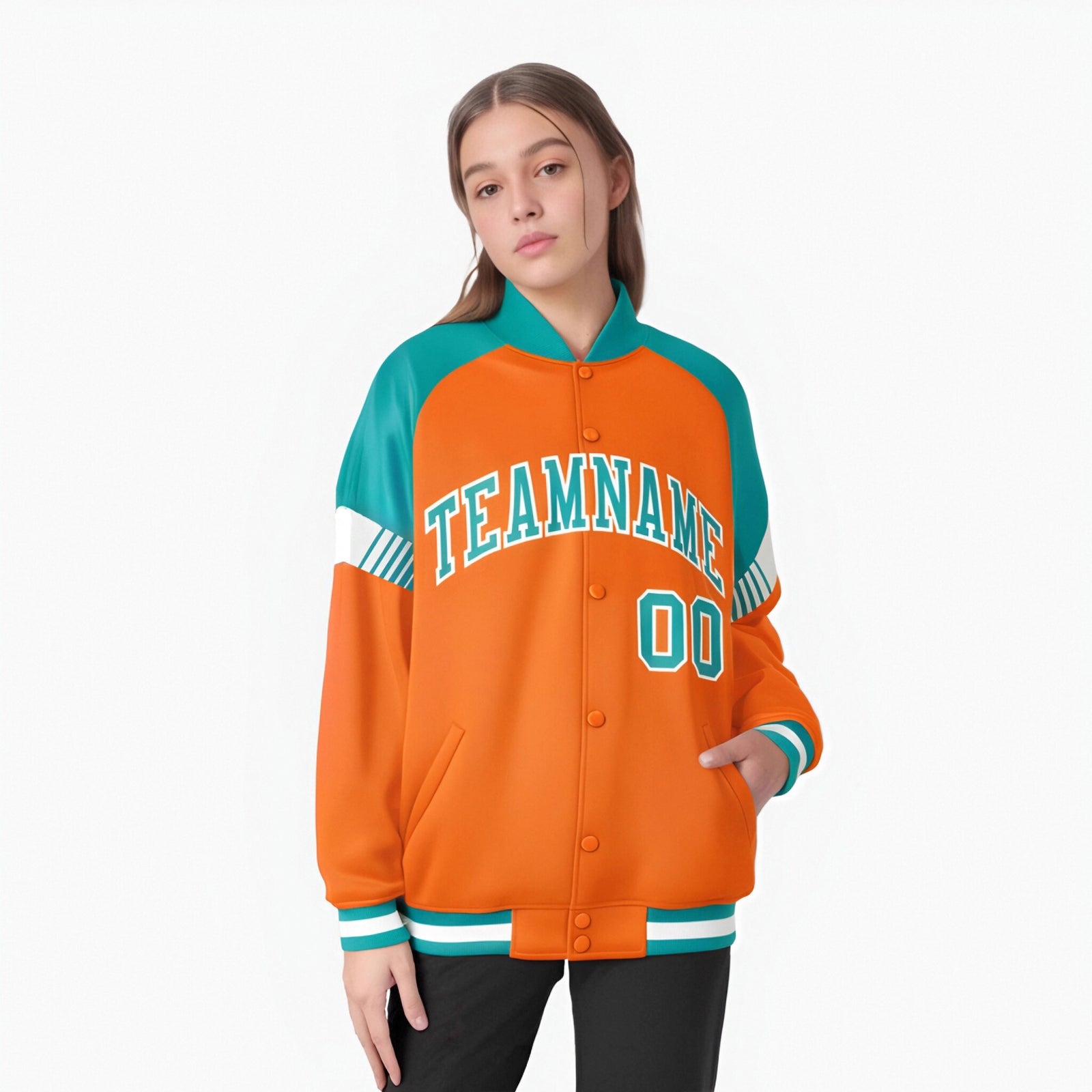 Custom Orange Aqua-White Varsity Full-Snap Color Block Letterman Jacket