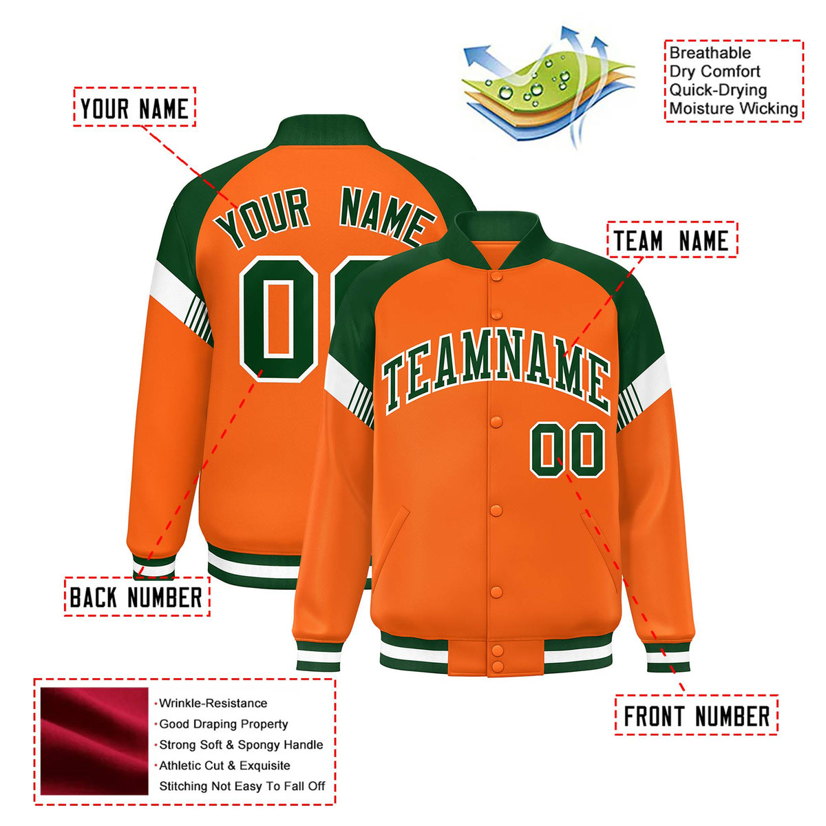 Custom Orange Green-White Varsity Full-Snap Color Block Letterman Jacket