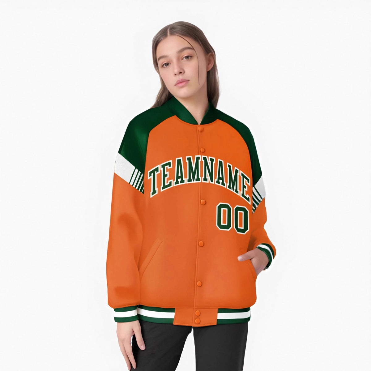 Custom Orange Green-White Varsity Full-Snap Color Block Letterman Jacket