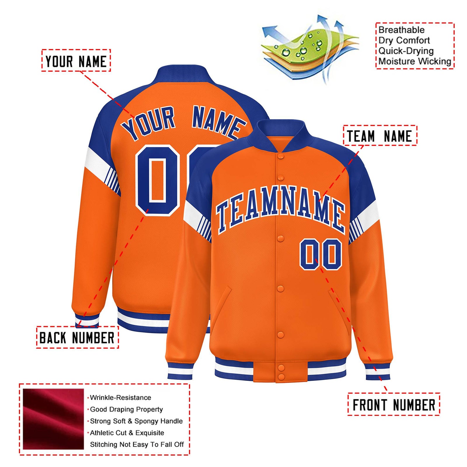 Custom Orange Royal Blue-White Varsity Full-Snap Color Block Letterman Jacket