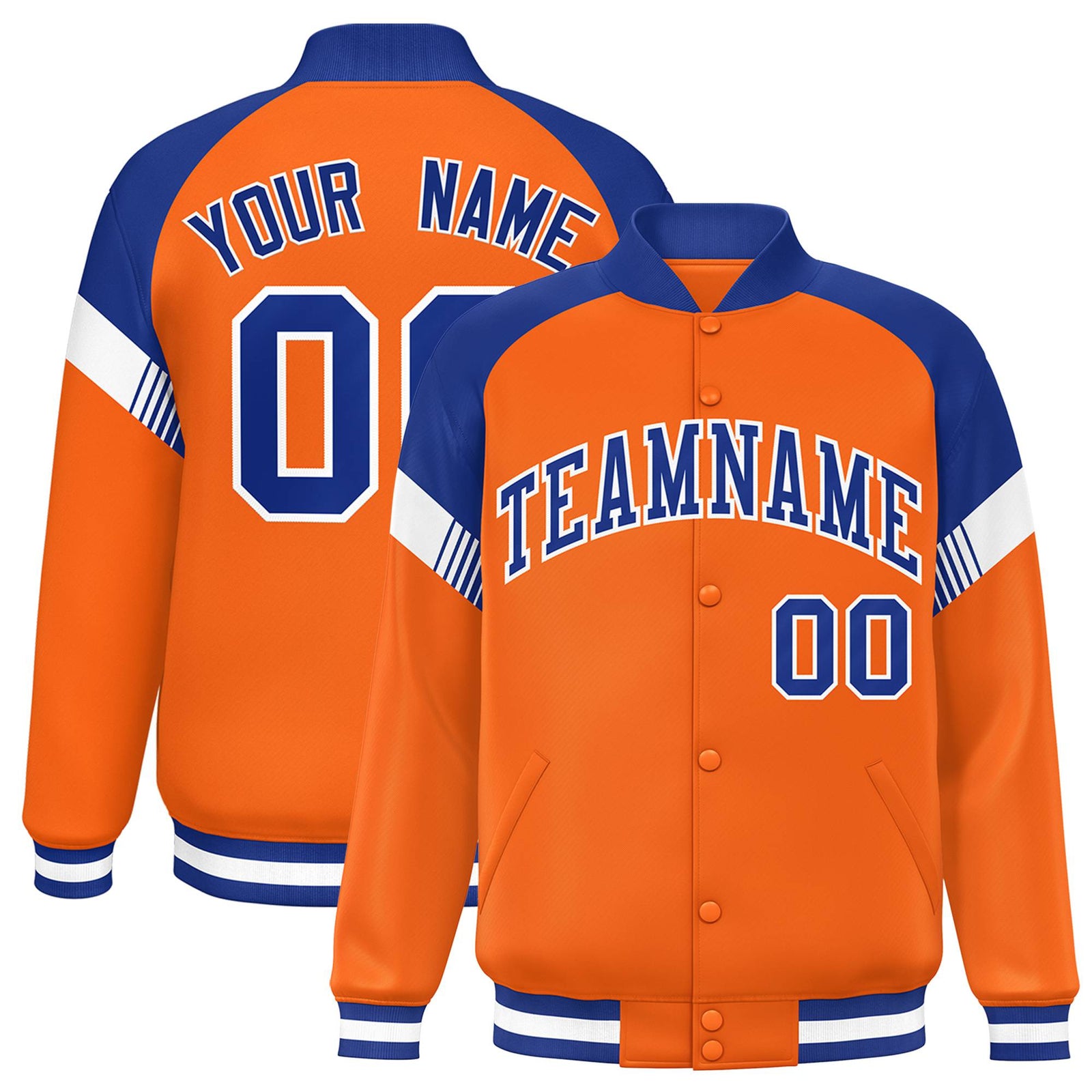 Custom Orange Royal Blue-White Varsity Full-Snap Color Block Letterman Jacket