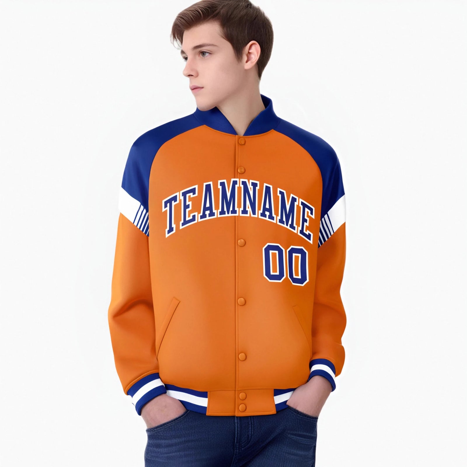 Custom Orange Royal Blue-White Varsity Full-Snap Color Block Letterman Jacket