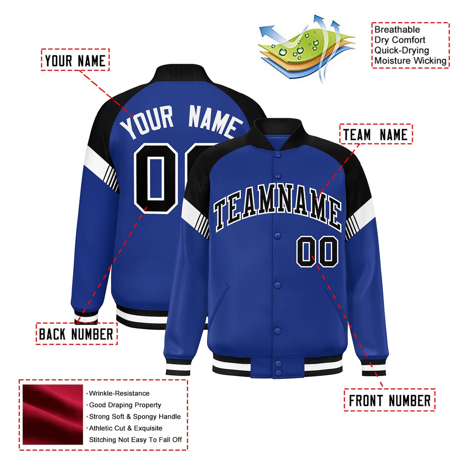 Custom Royal Blue Black-White Varsity Full-Snap Color Block Letterman Jacket