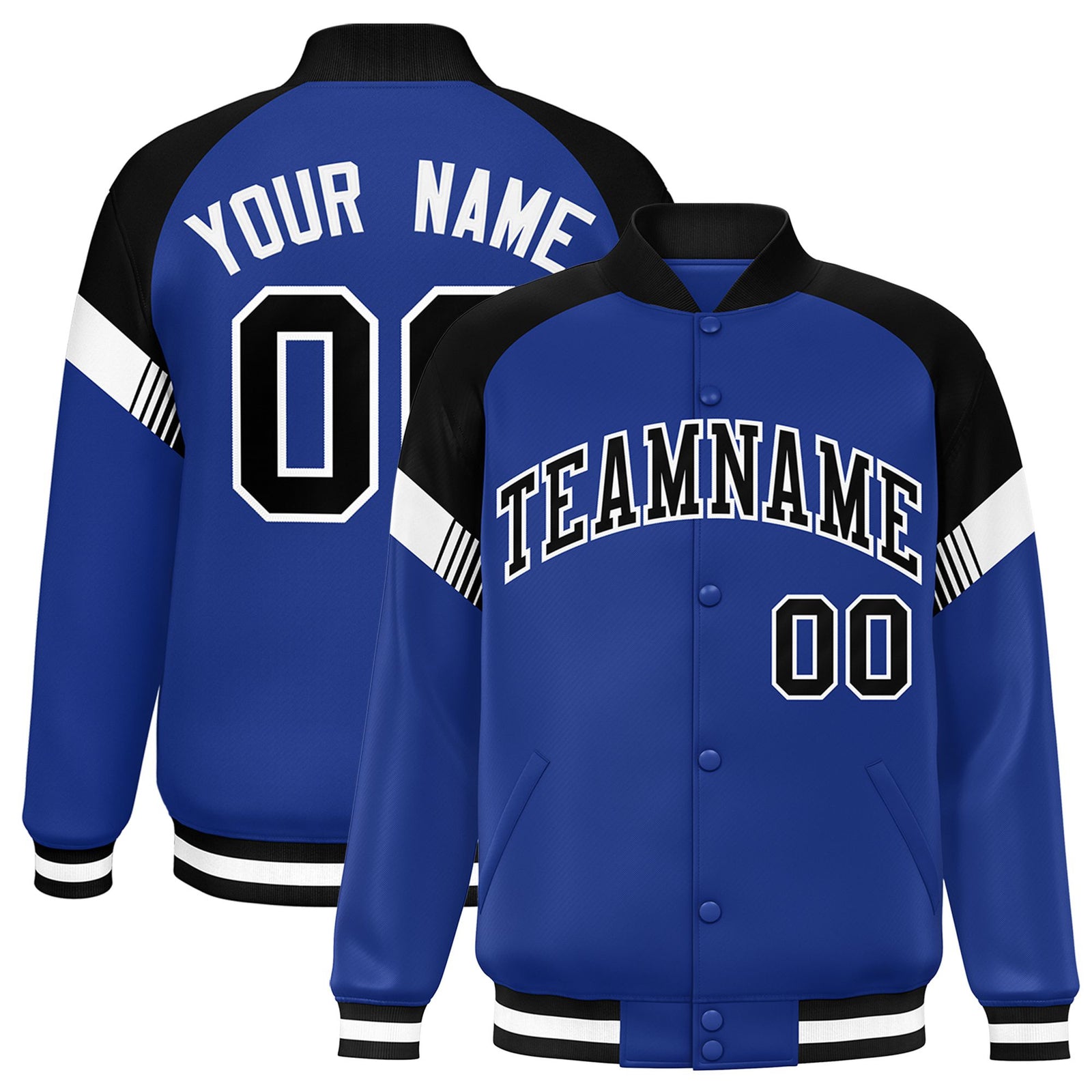 Custom Royal Blue Black-White Varsity Full-Snap Color Block Letterman Jacket