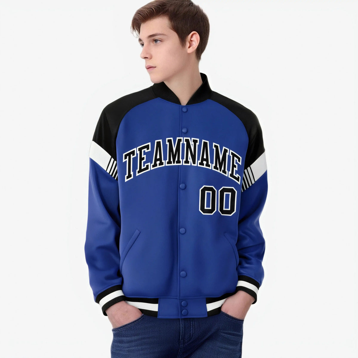 Custom Royal Blue Black-White Varsity Full-Snap Color Block Letterman Jacket