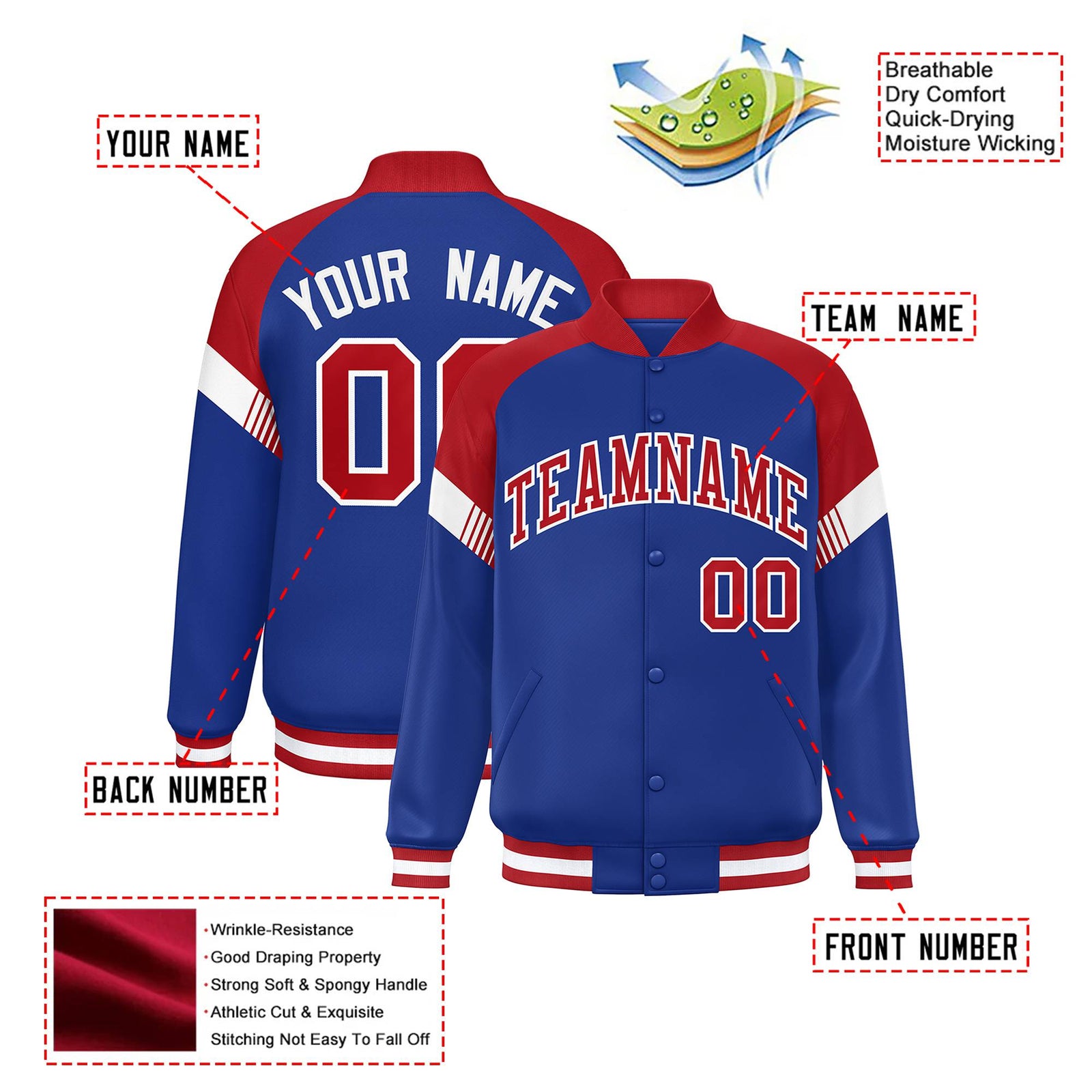 Custom Royal Blue Red-White Varsity Full-Snap Color Block Letterman Jacket