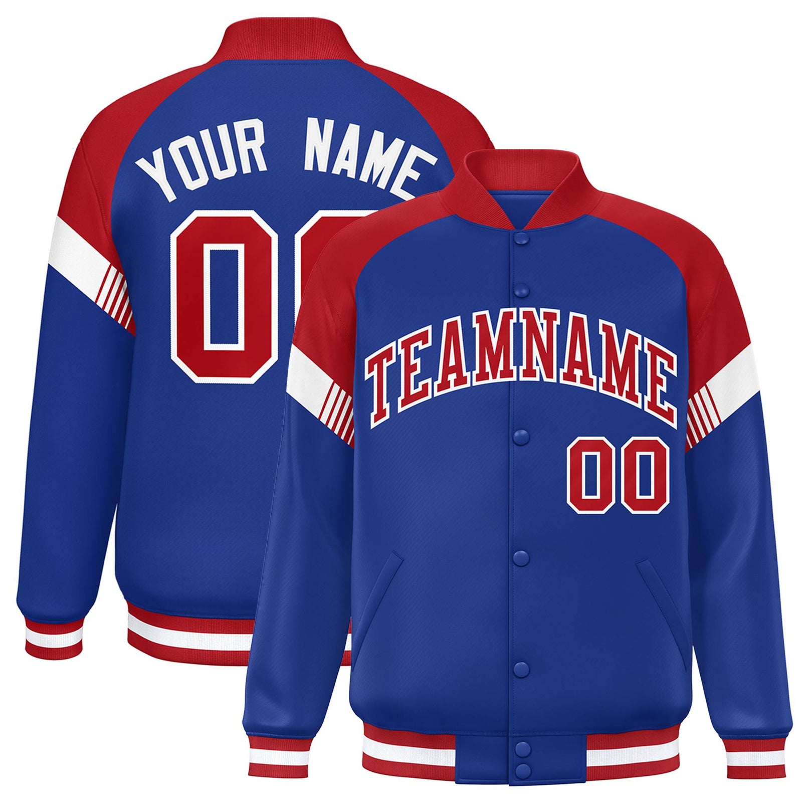Custom Royal Blue Red-White Varsity Full-Snap Color Block Letterman Jacket