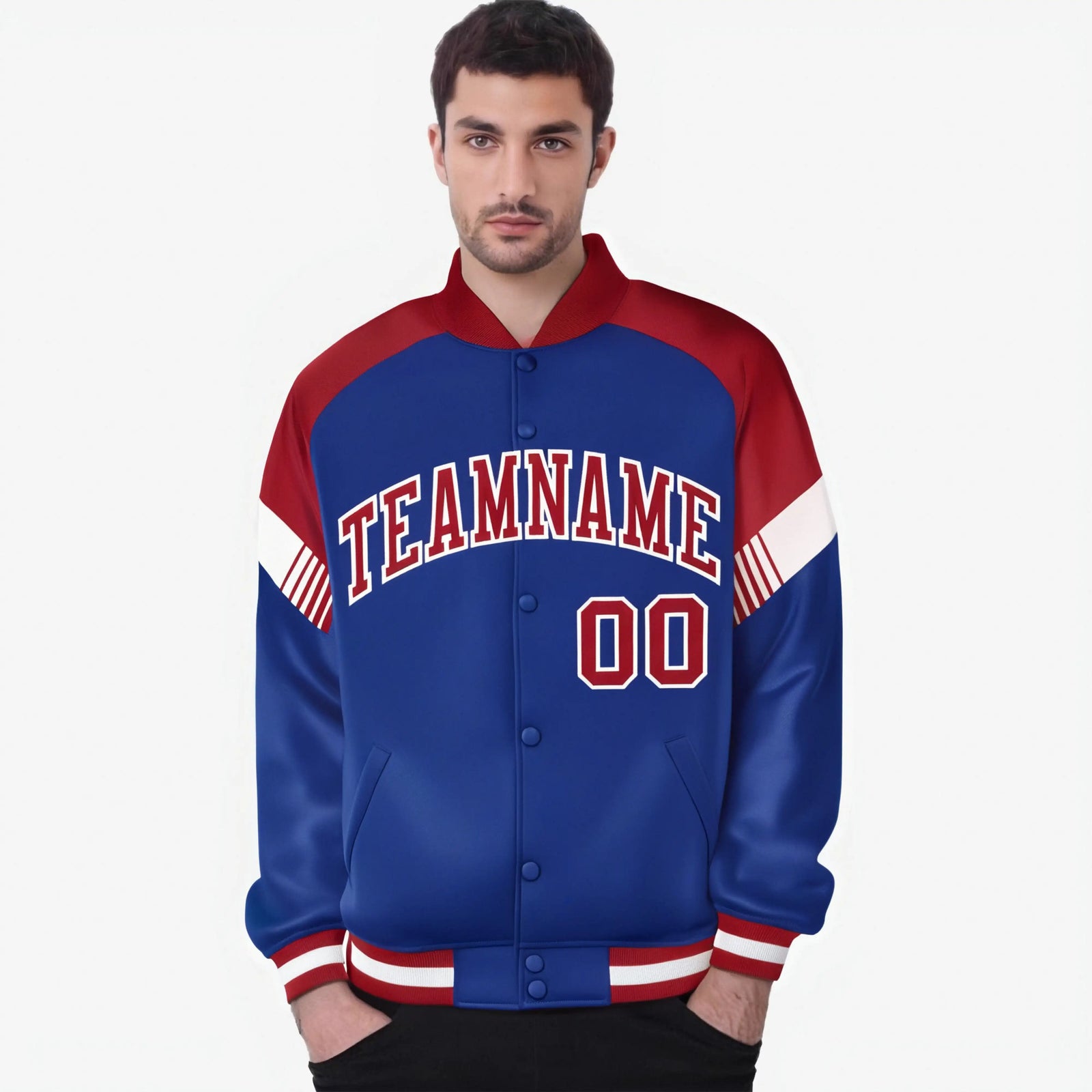 Custom Royal Blue Red-White Varsity Full-Snap Color Block Letterman Jacket